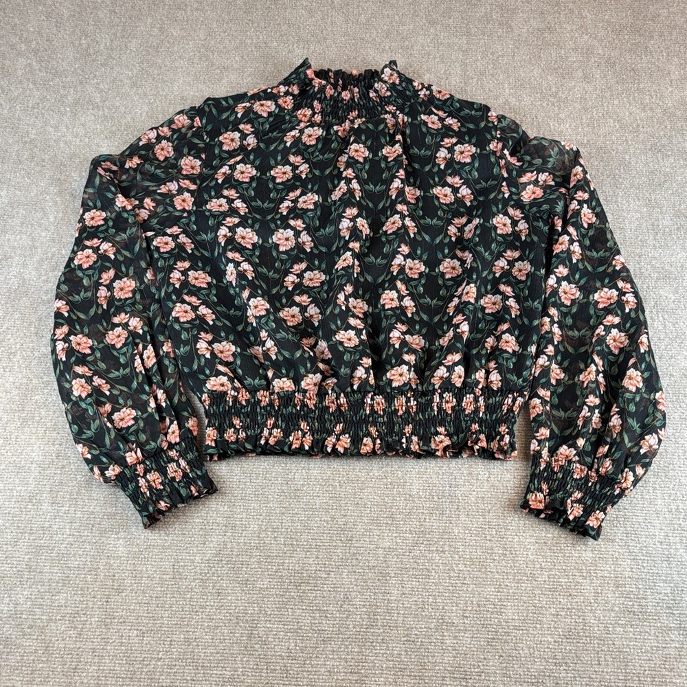 Lost + Wander Long Sleeve Smocked Neck & Waist Floral Black/Pink Crop Top S NWT